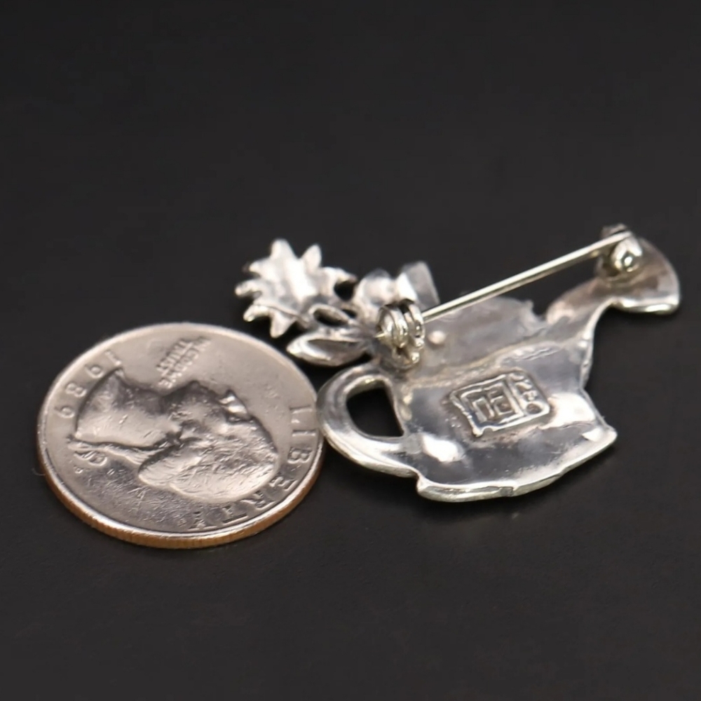 Vintage Sterling Silver MARY ENGELBREIT MEINK Watering Can Flowers Brooch Pin 7g - Picture 3 of 5
